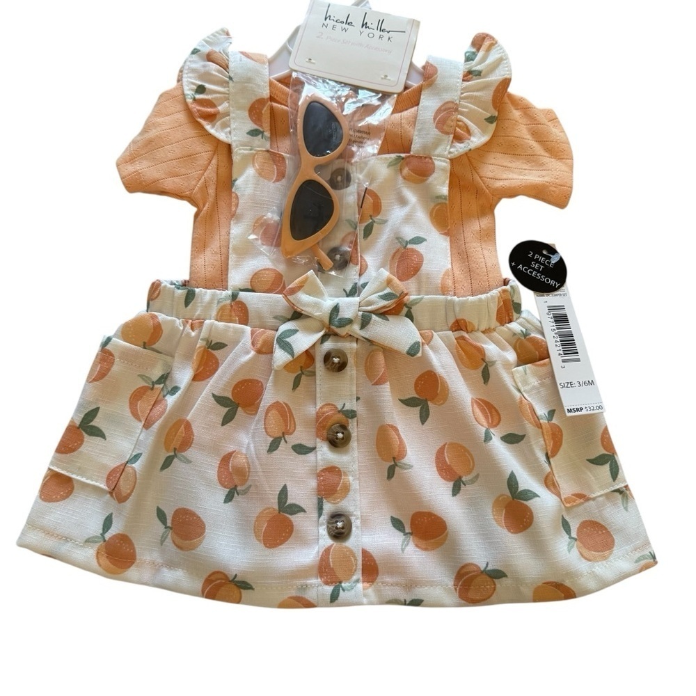 Nicole Miller 3-6M Baby Girl Outfit Set Peach Dress Bodysuit Sunglasses NWT